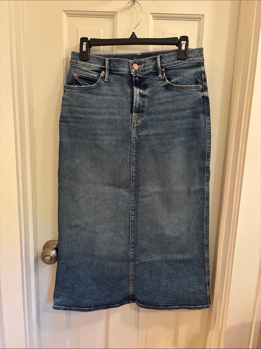 MOTHER Straight Leg Denim Skirt - Mid Blue